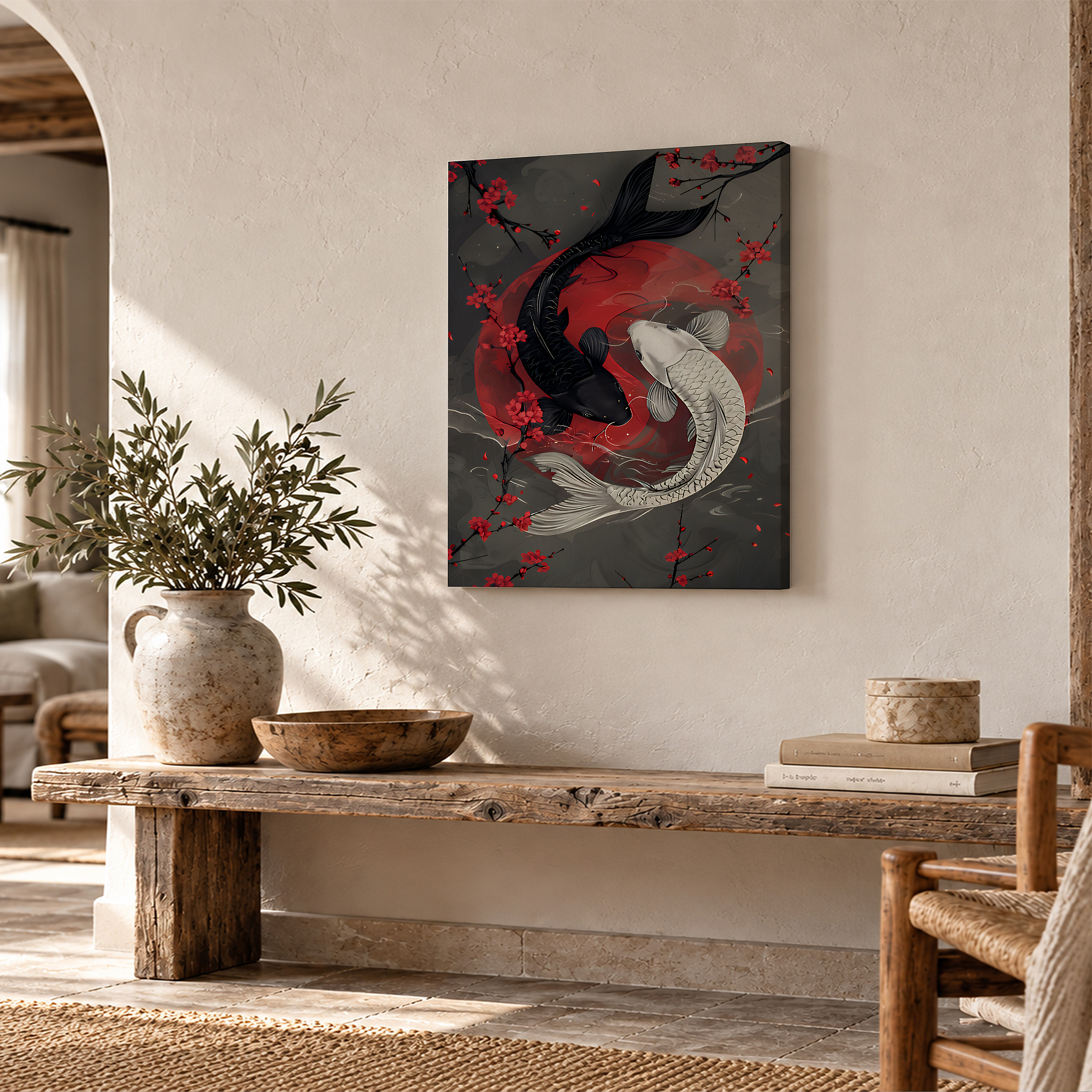 Black and White Koi Fish with Cherry Blossoms Framed Canvas Wall Art - Image 2