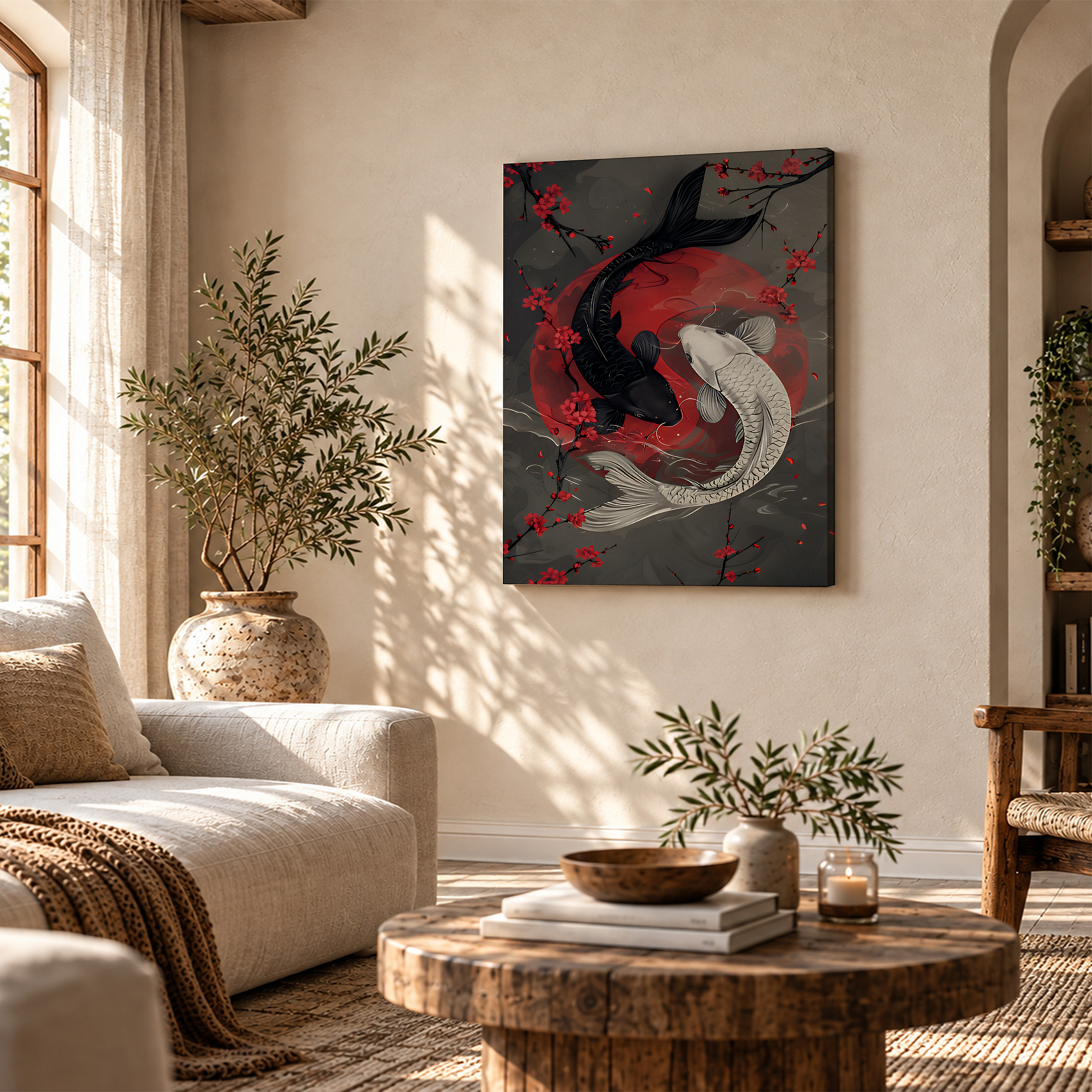 Black and White Koi Fish with Cherry Blossoms Framed Canvas Wall Art - Image 4