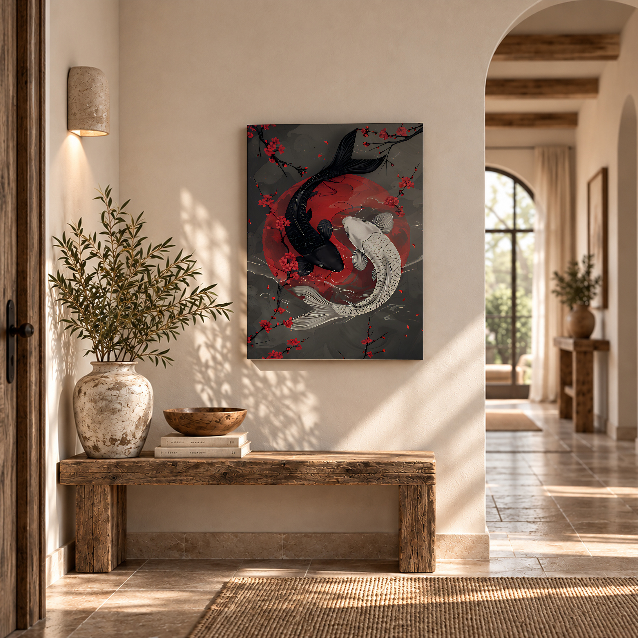 Black and White Koi Fish with Cherry Blossoms Framed Canvas Wall Art - Image 6