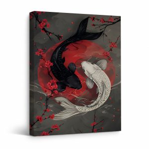 Black and White Koi Fish with Cherry Blossoms Framed Canvas Wall Art