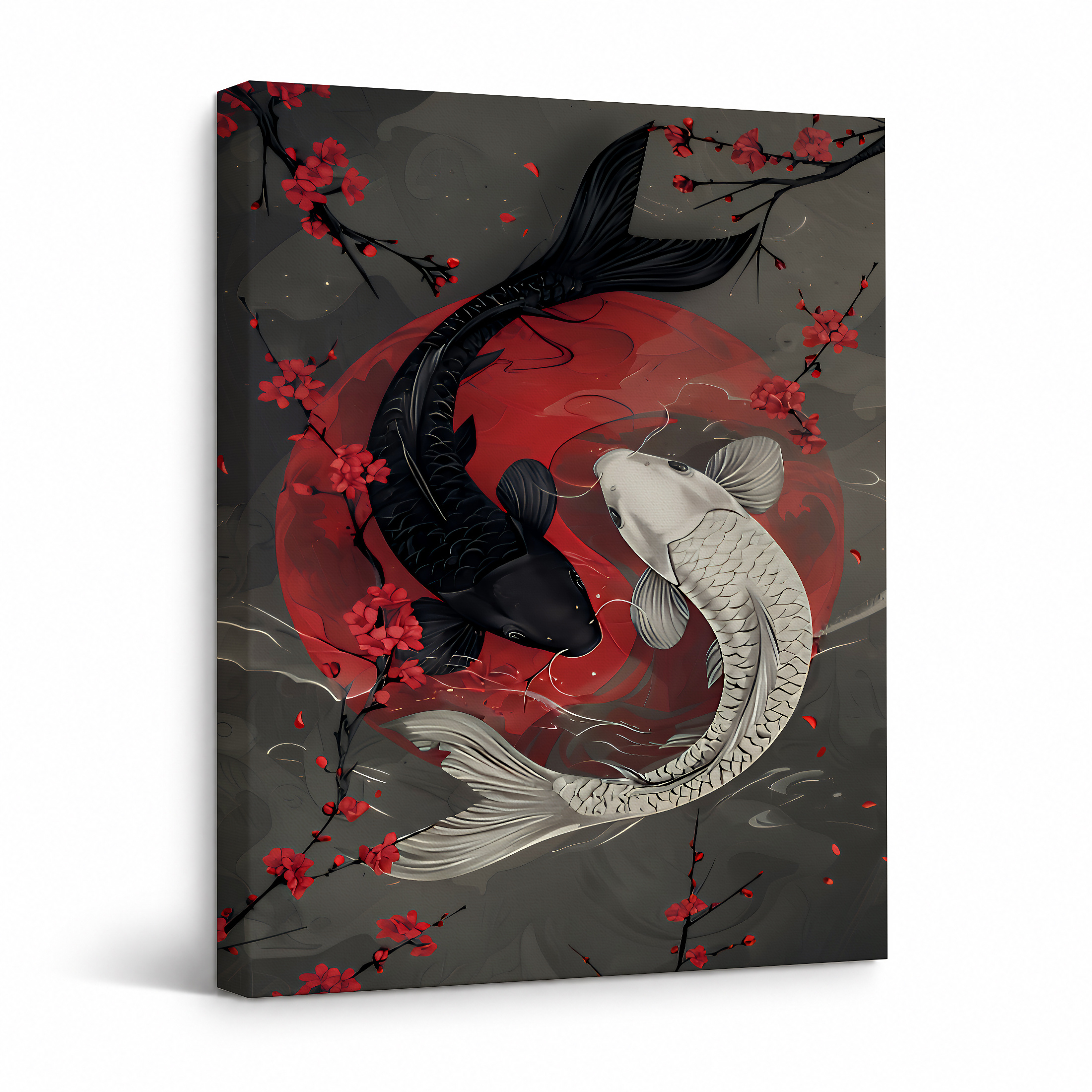 Black and White Koi Fish with Cherry Blossoms Framed Canvas Wall Art