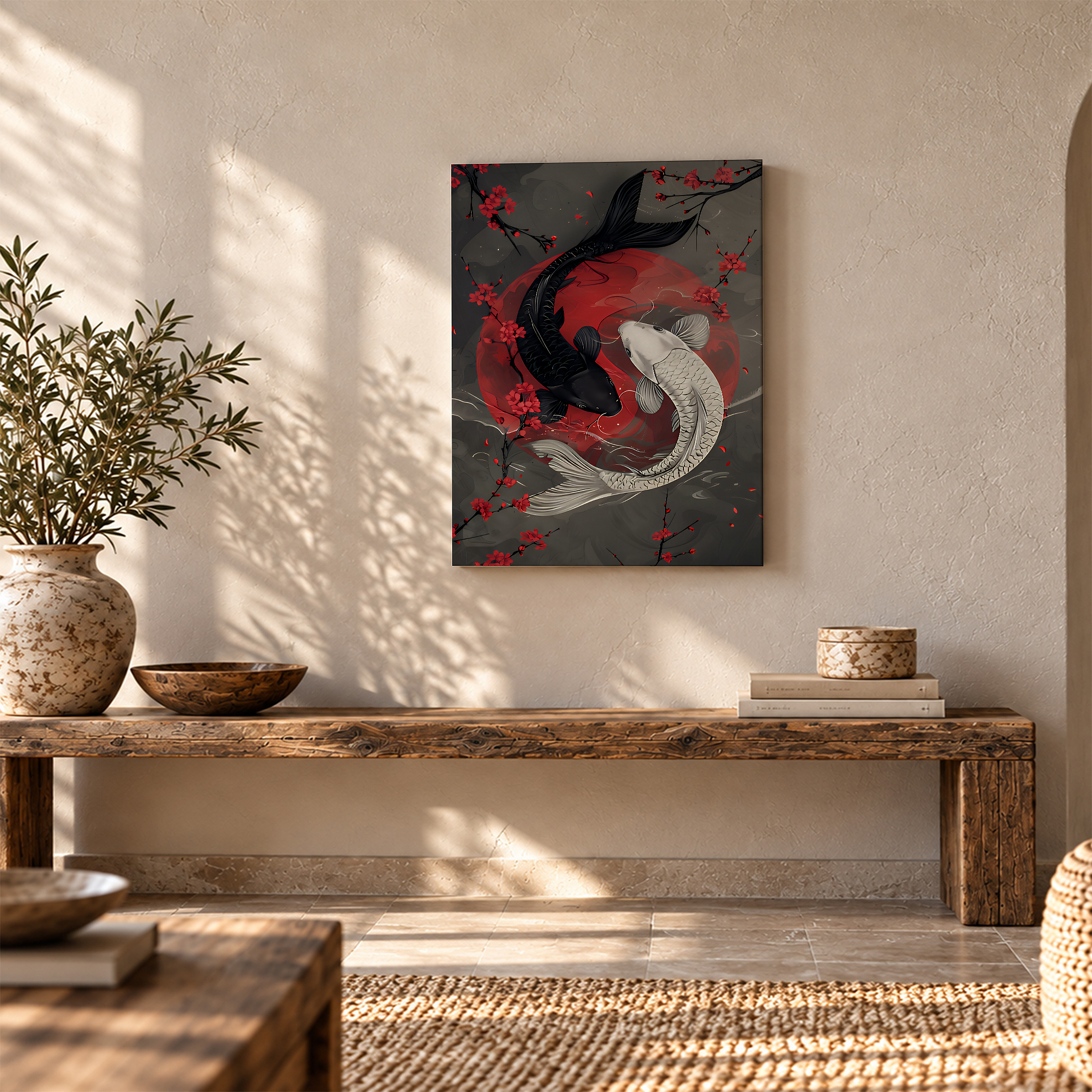 Black and White Koi Fish with Cherry Blossoms Framed Canvas Wall Art - Image 5