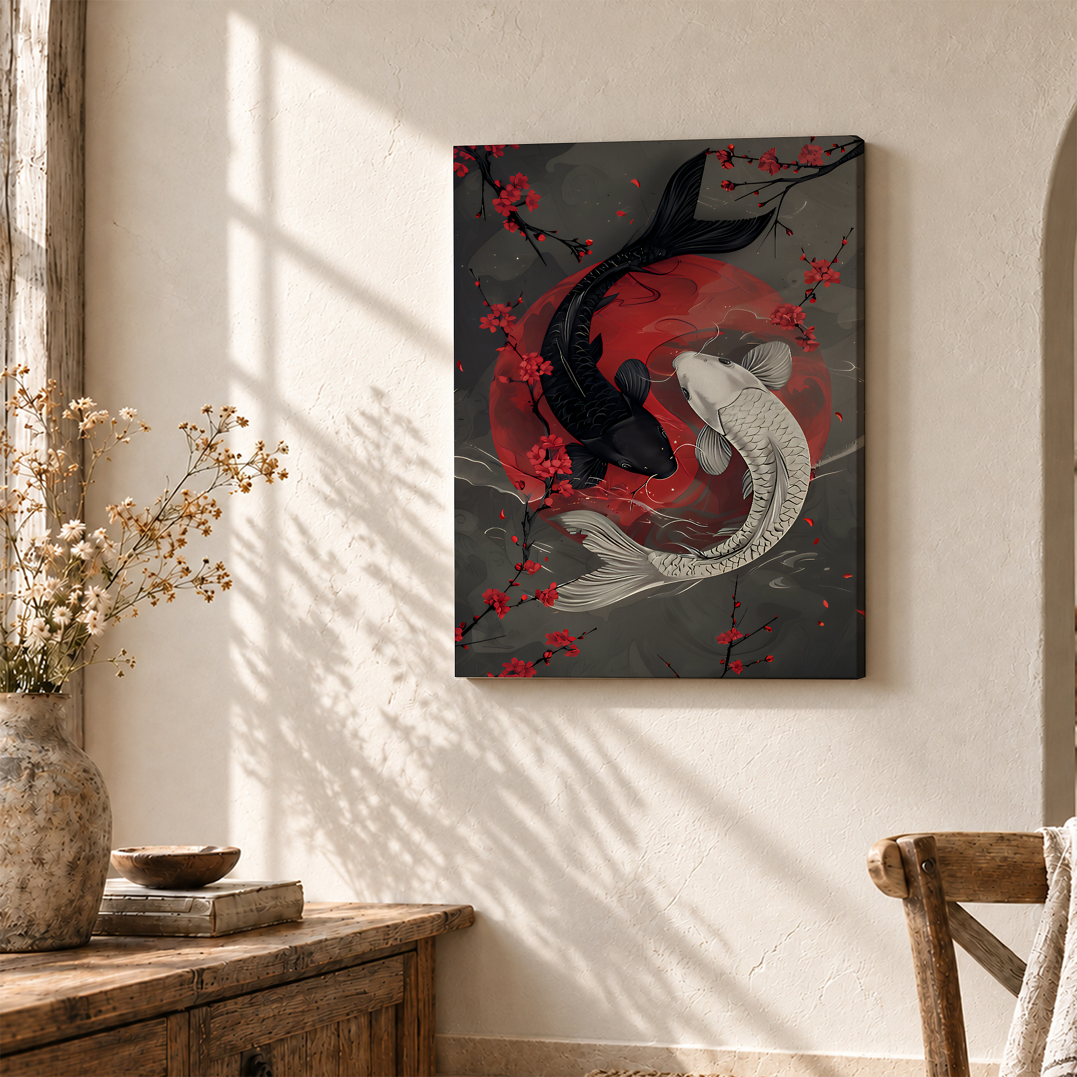 Black and White Koi Fish with Cherry Blossoms Framed Canvas Wall Art - Image 3