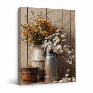 Rustic Floral Still Life Framed Canvas Wall Art - Farmhouse Decor