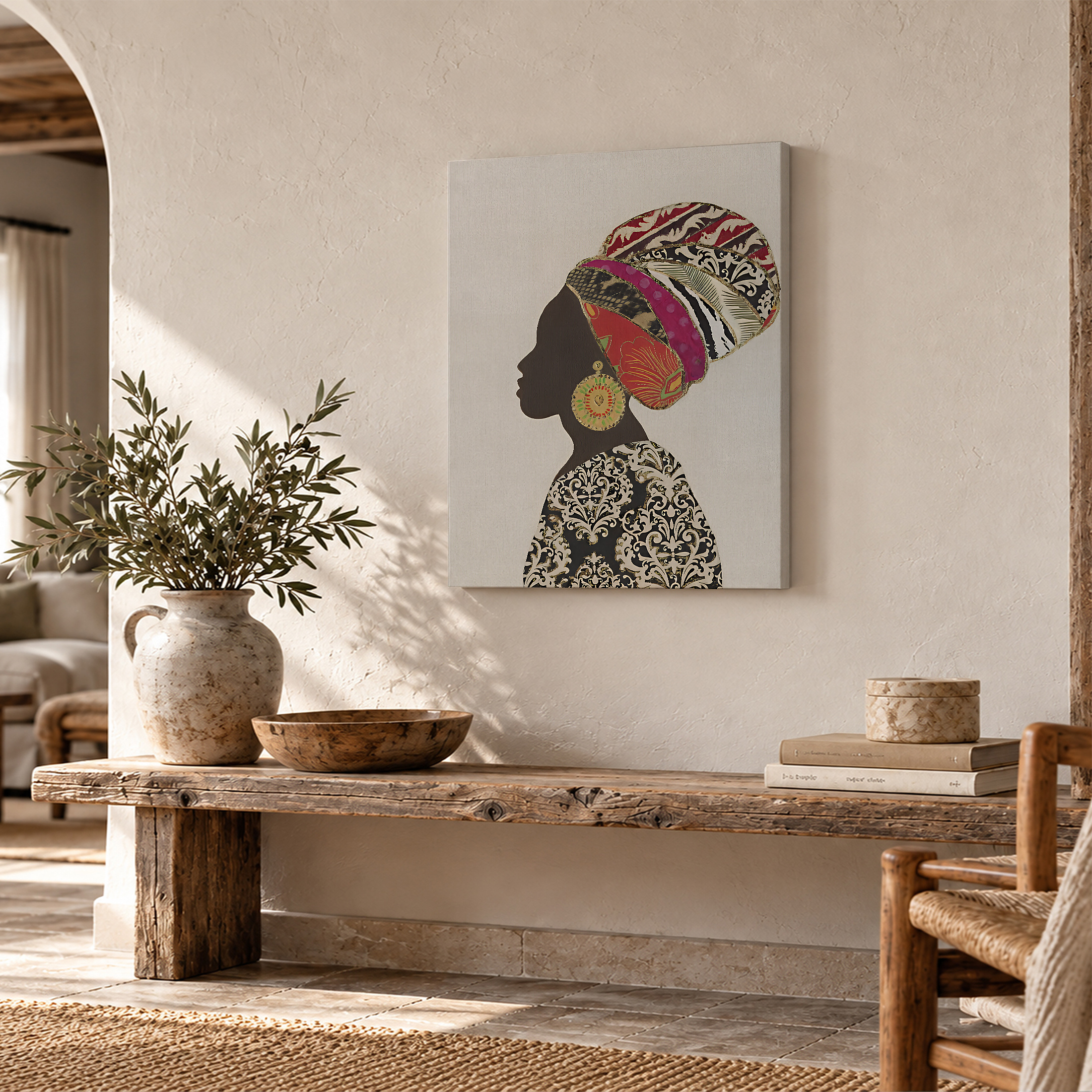 African-Inspired Silhouette with Vibrant Headwrap Framed Canvas Wall Art - Image 2
