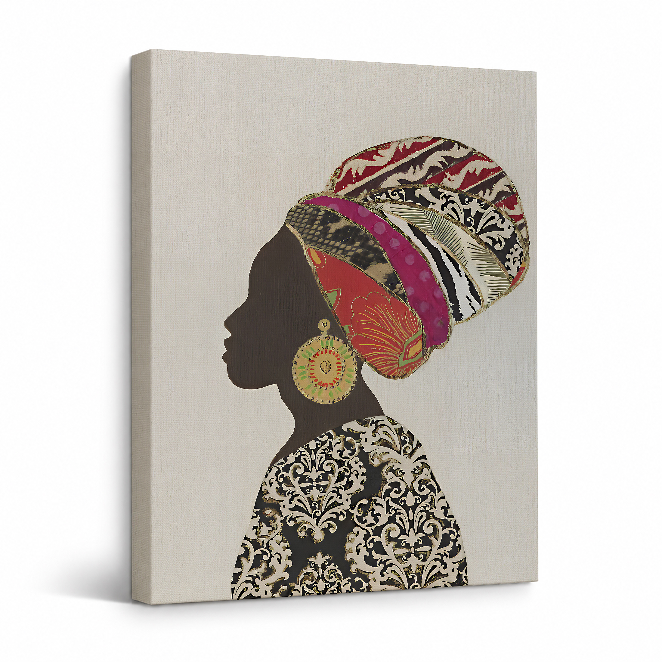 African-Inspired Silhouette with Vibrant Headwrap Framed Canvas Wall Art