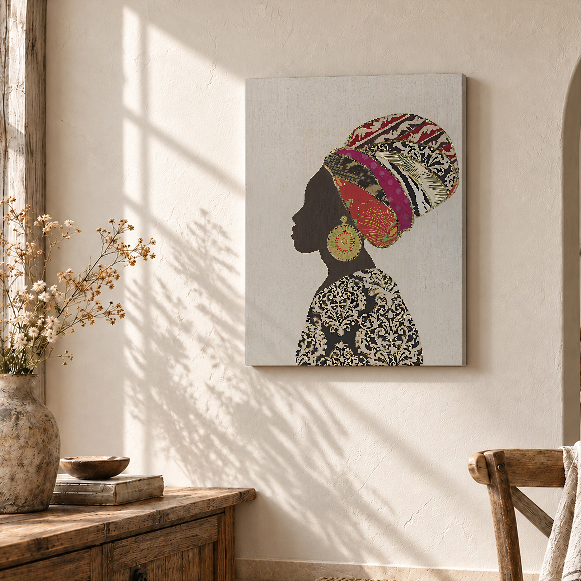 African-Inspired Silhouette with Vibrant Headwrap Framed Canvas Wall Art - Image 3