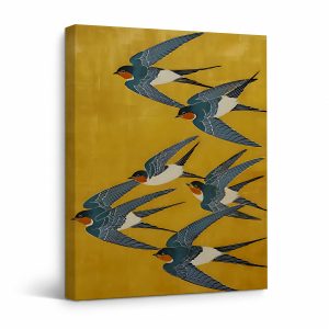 Flying Swallows Framed Canvas Wall Art - Mustard Yellow Modern Art