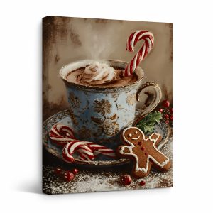 Framed Canvas Wall Art: Cozy Christmas Hot Chocolate & Gingerbread Scene