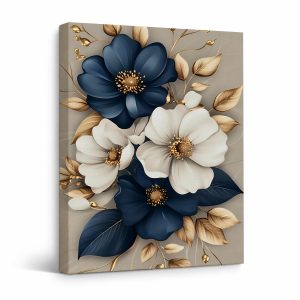 Navy Blue & Cream Floral Framed Canvas Wall Art Ready to Hang