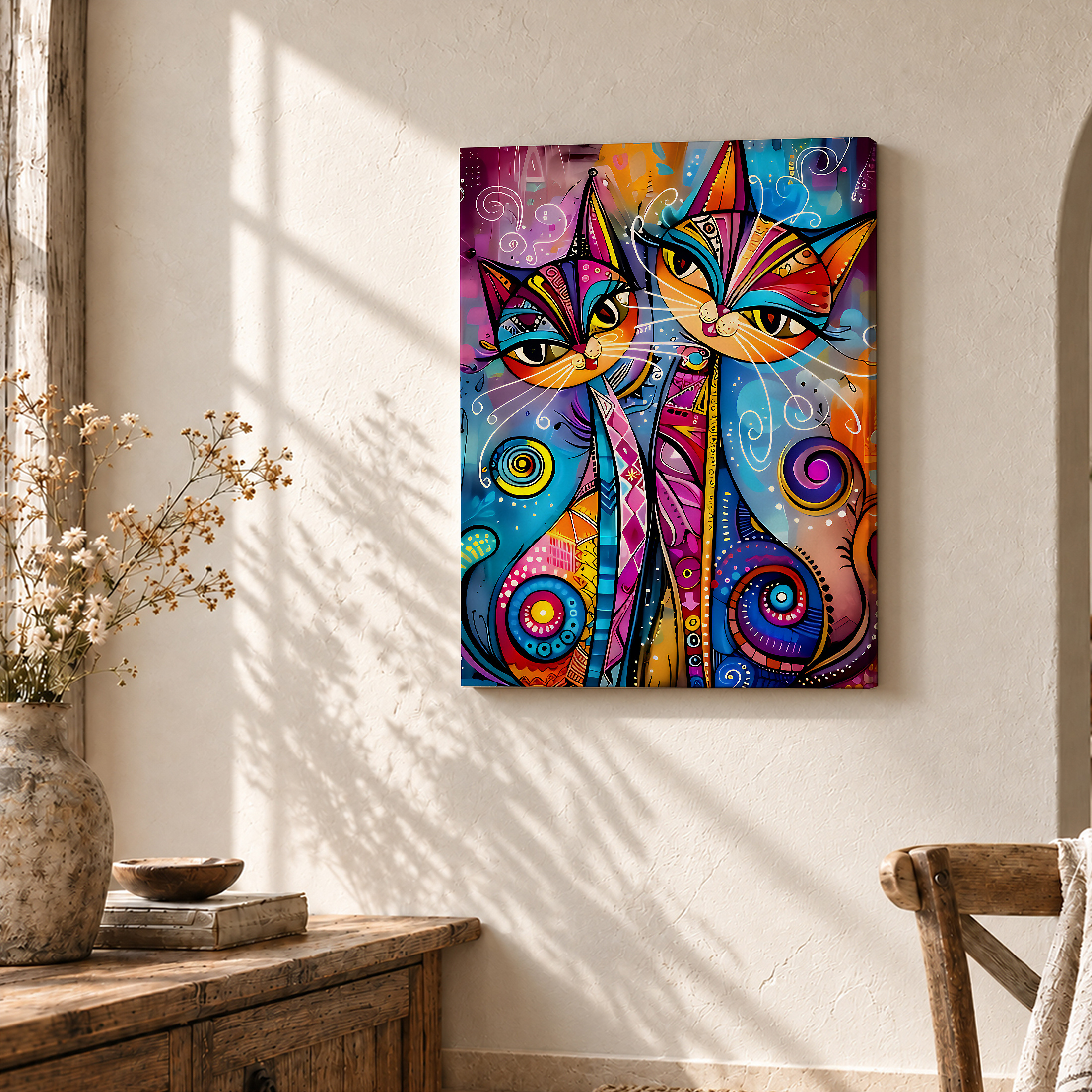 Psychedelic Cats Framed Canvas Wall Art - Vibrant Abstract Art for Modern Home Decor - Image 3
