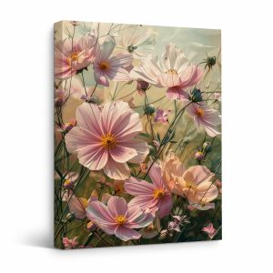 Pink Cosmos Flower Field Framed Canvas Wall Art