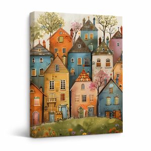 Whimsical Village Framed Canvas Wall Art - Ready to Hang