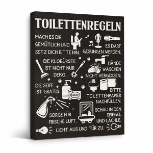 German Toilet Rules Humorous Black & White Framed Canvas Wall Art