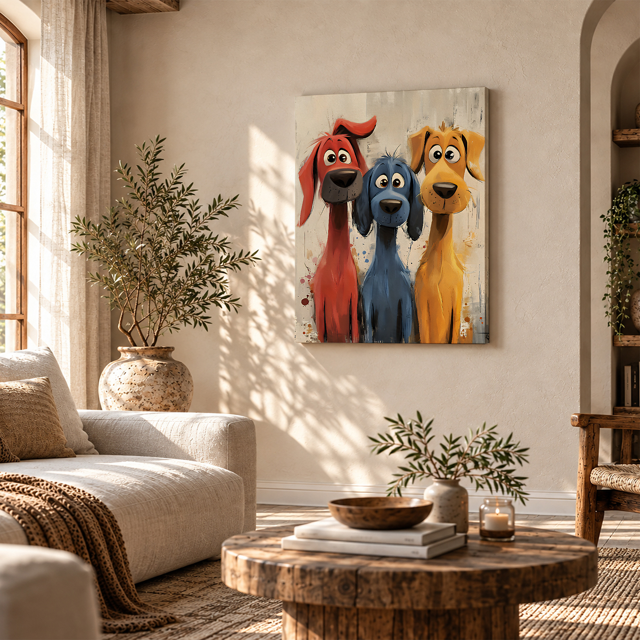 Framed Canvas Wall Art: Three Playful Cartoon Dogs - Image 4