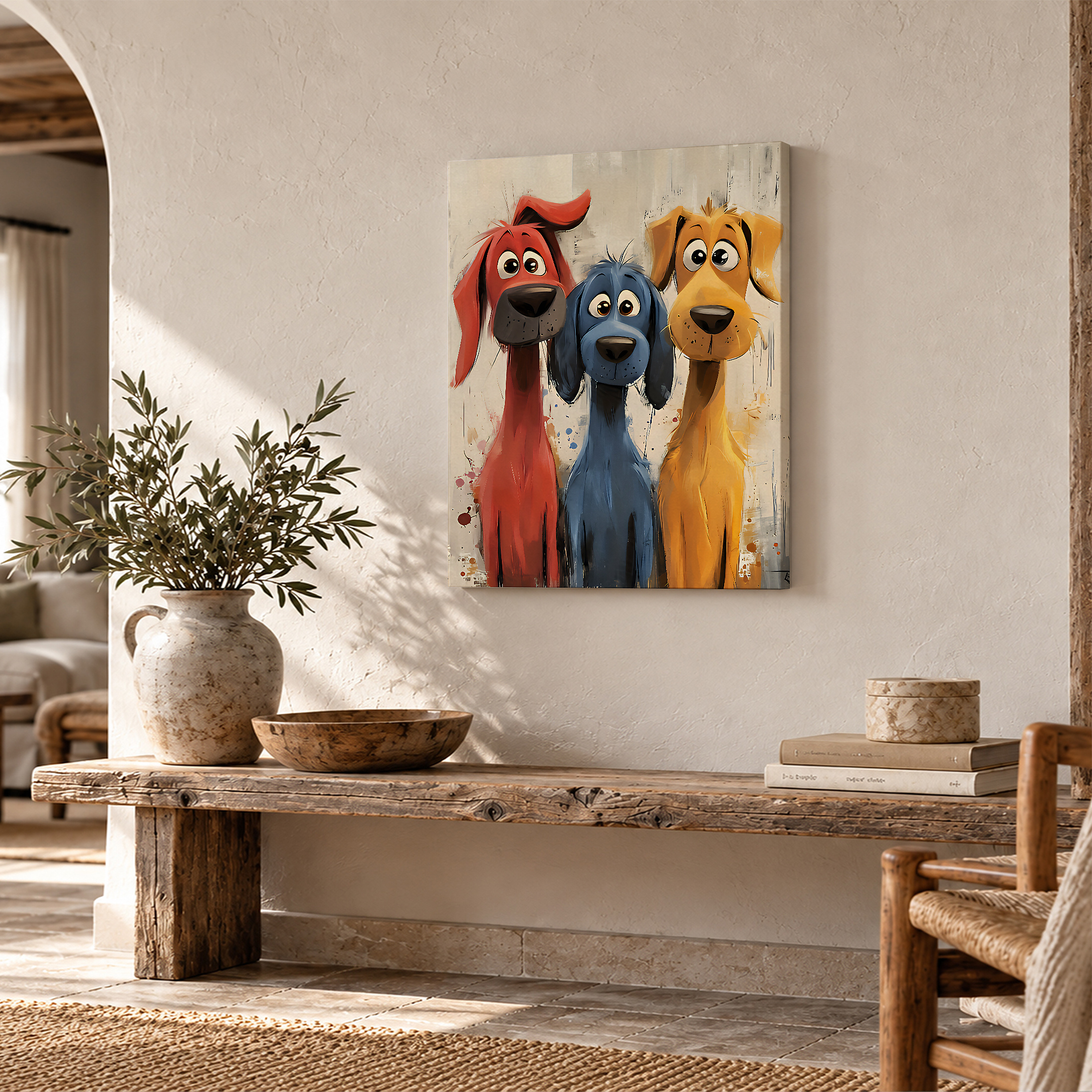 Framed Canvas Wall Art: Three Playful Cartoon Dogs - Image 2
