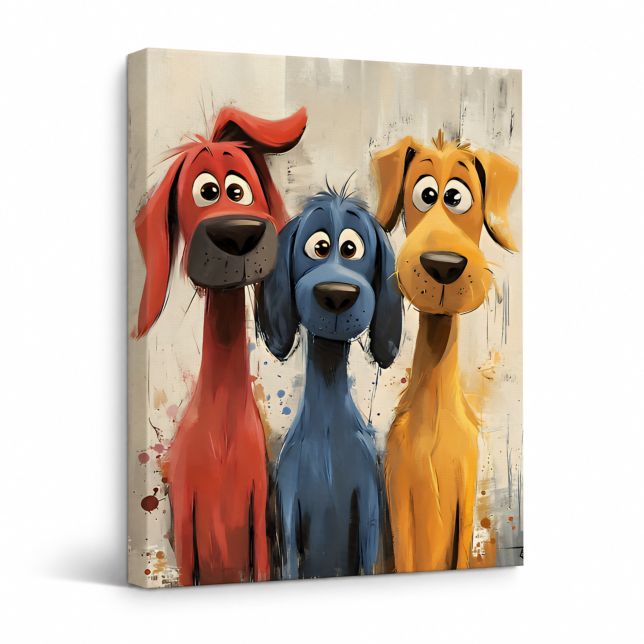 Framed Canvas Wall Art: Three Playful Cartoon Dogs