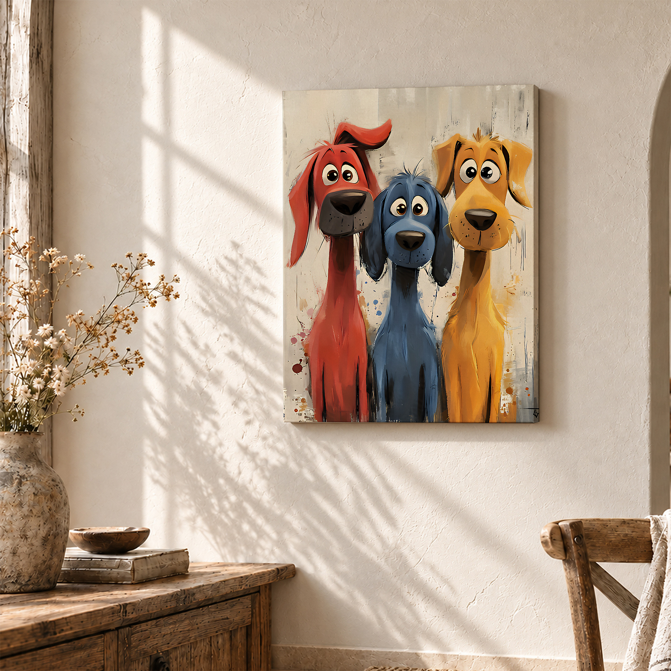 Framed Canvas Wall Art: Three Playful Cartoon Dogs - Image 3