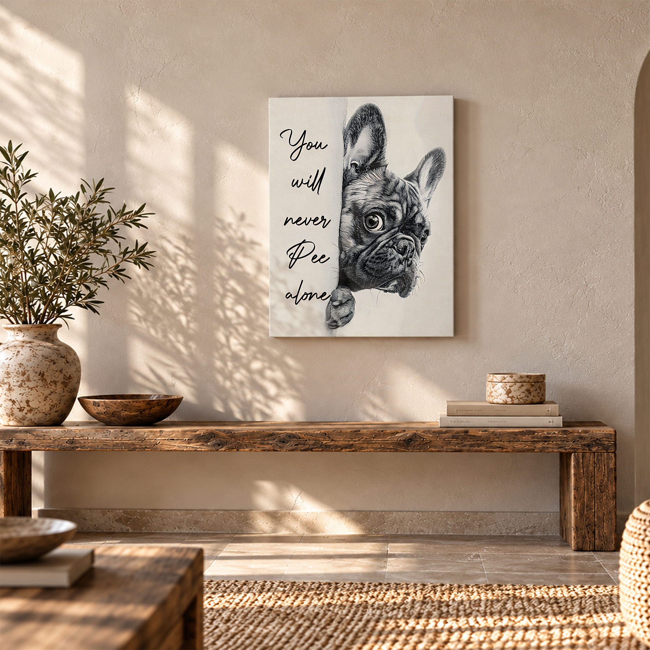 Cute French Bulldog 'You'll Never Pee Alone' Framed Canvas Wall Art - Image 5