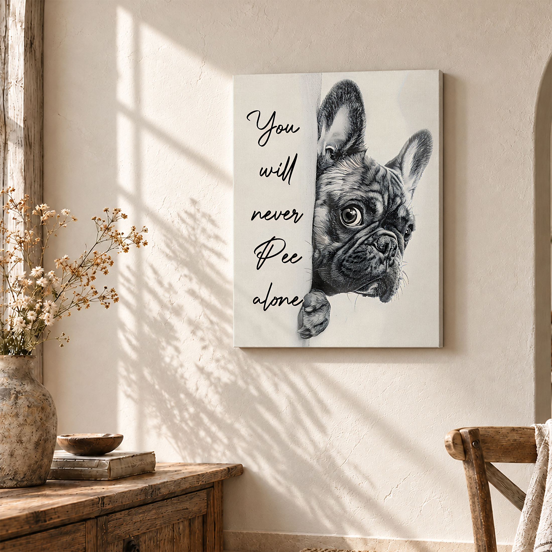 Cute French Bulldog 'You'll Never Pee Alone' Framed Canvas Wall Art - Image 3