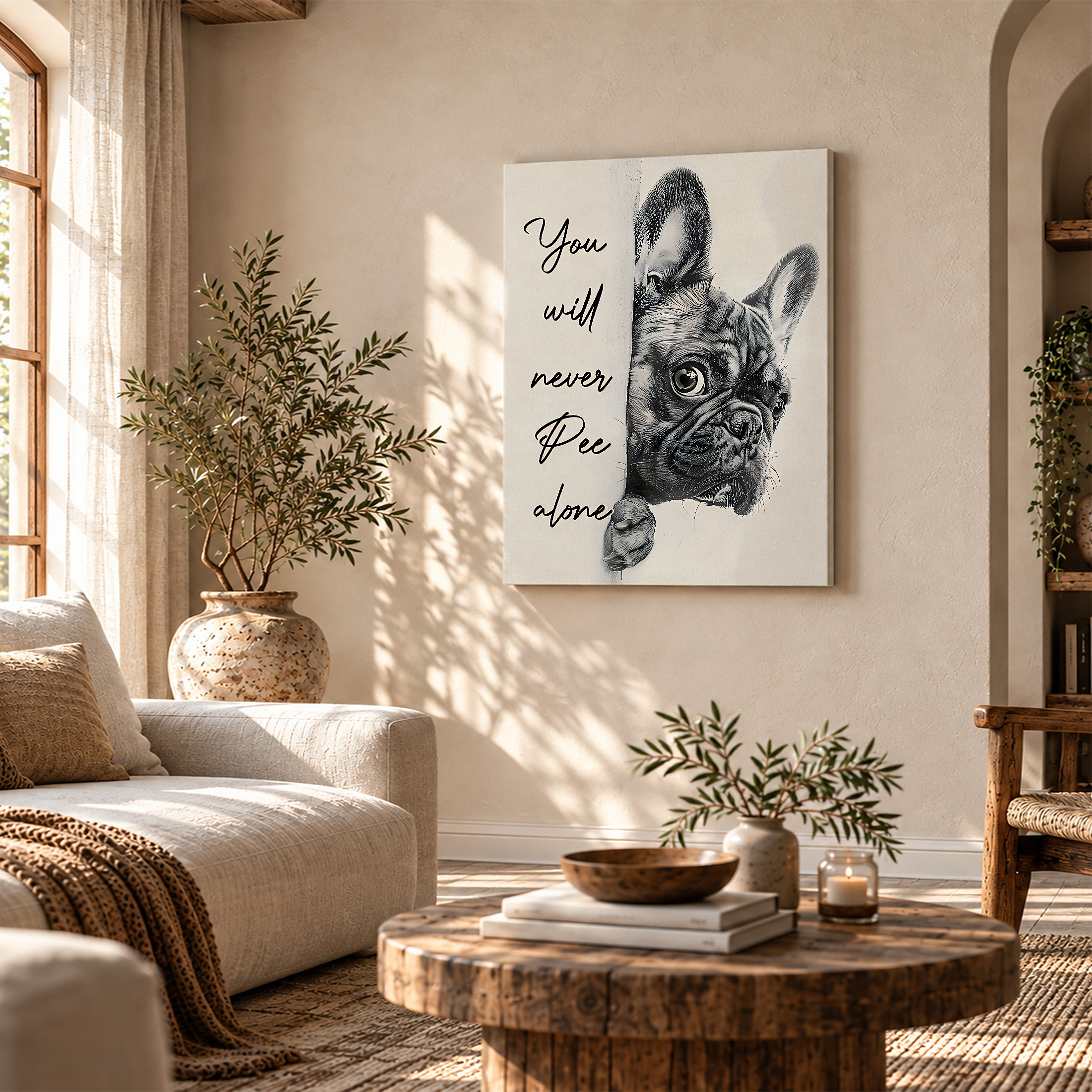 Cute French Bulldog 'You'll Never Pee Alone' Framed Canvas Wall Art - Image 4
