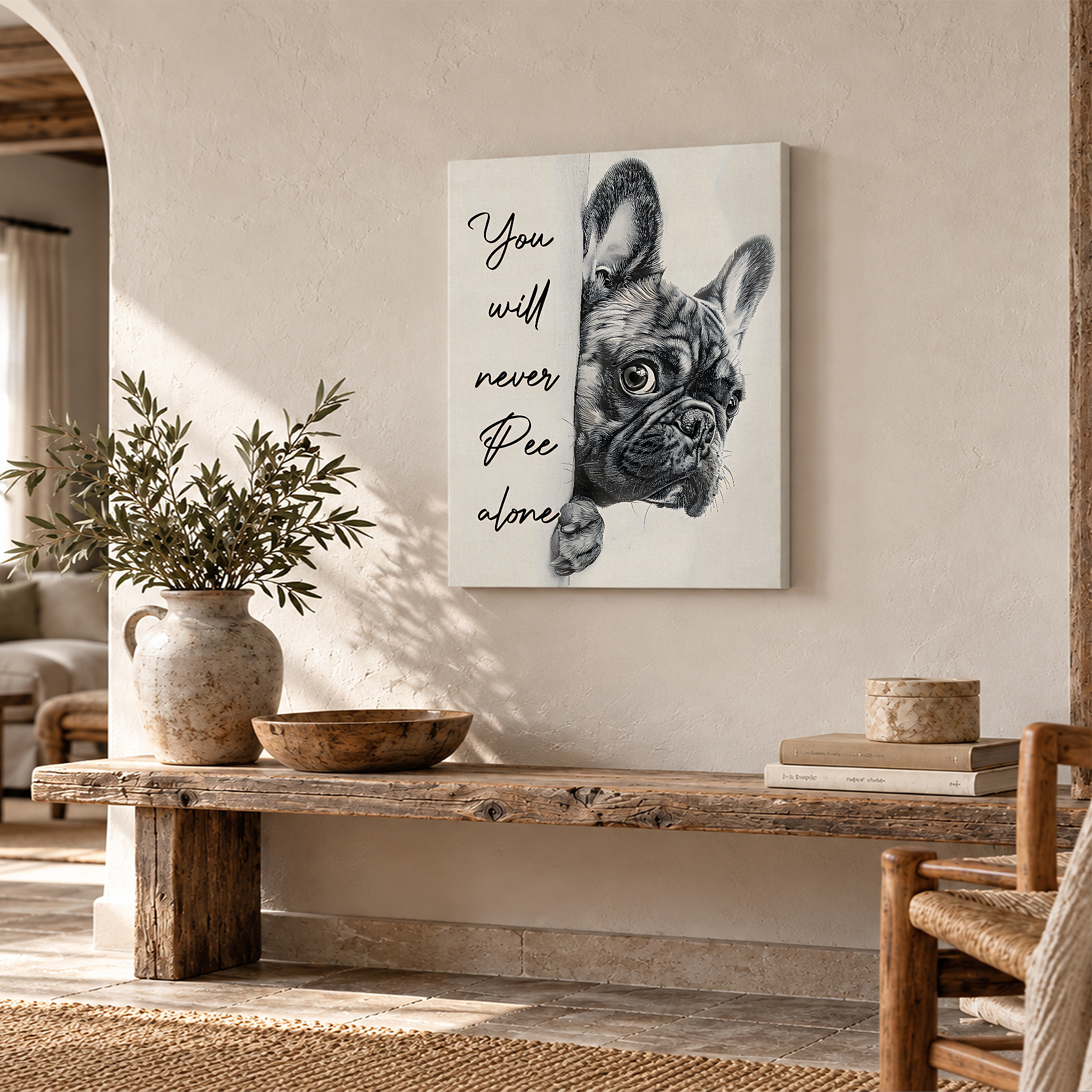 Cute French Bulldog 'You'll Never Pee Alone' Framed Canvas Wall Art - Image 2