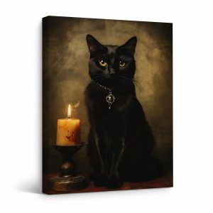 Black Cat with Candle Portrait Framed Canvas Wall Art - Ready to Hang