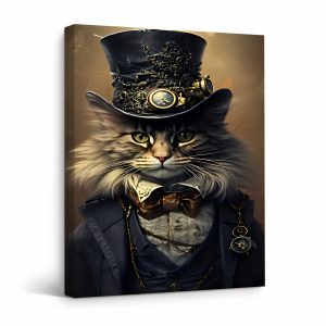 Steampunk Cat Framed Canvas Wall Art Ready to Hang