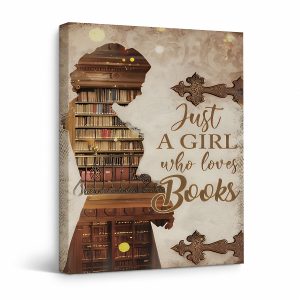 Book Lover Girl Silhouette Framed Canvas Wall Art - Vintage Literary Decor