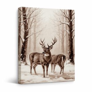 Snowy Forest Deer Framed Canvas Wall Art | Ready to Hang