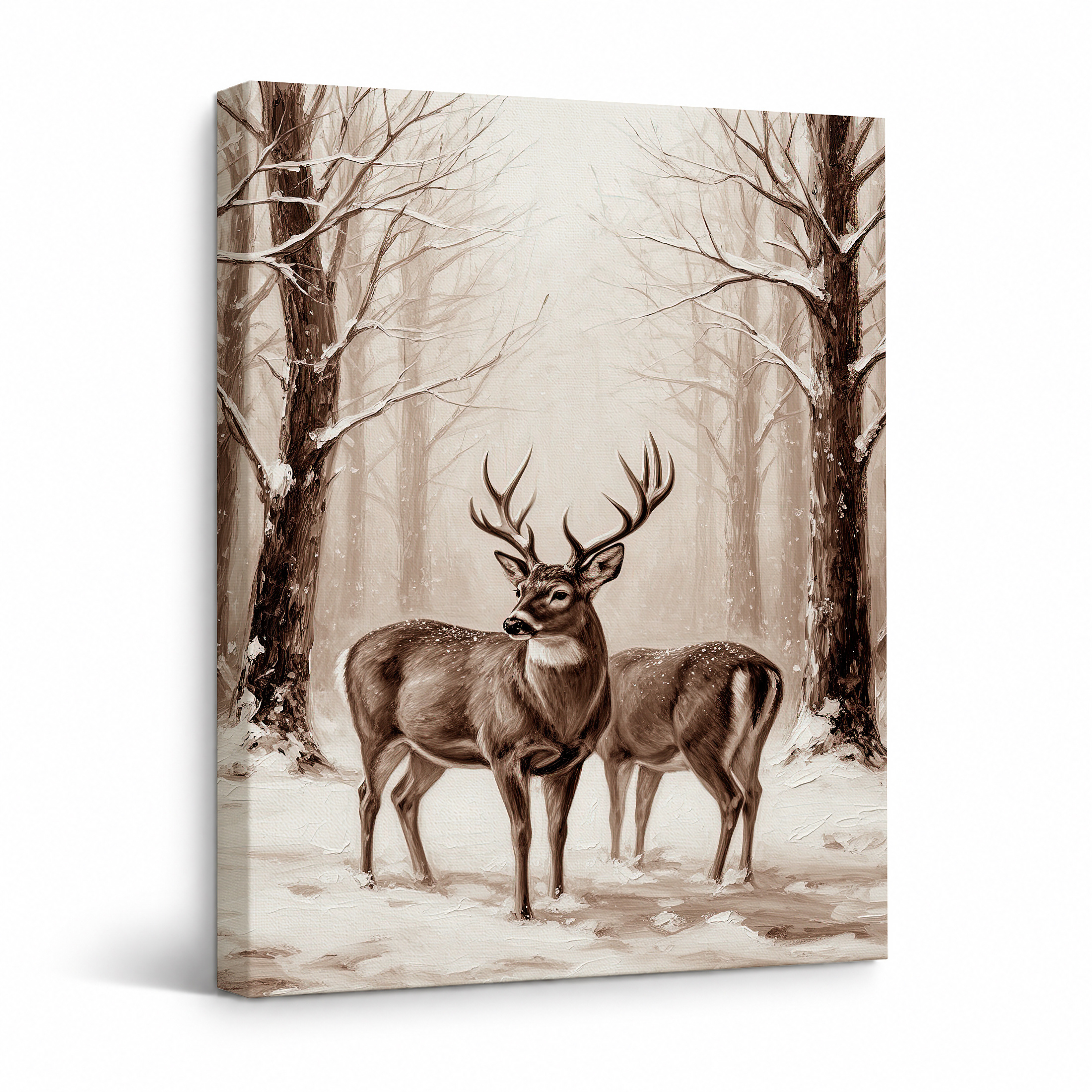 Snowy Forest Deer Framed Canvas Wall Art | Ready to Hang