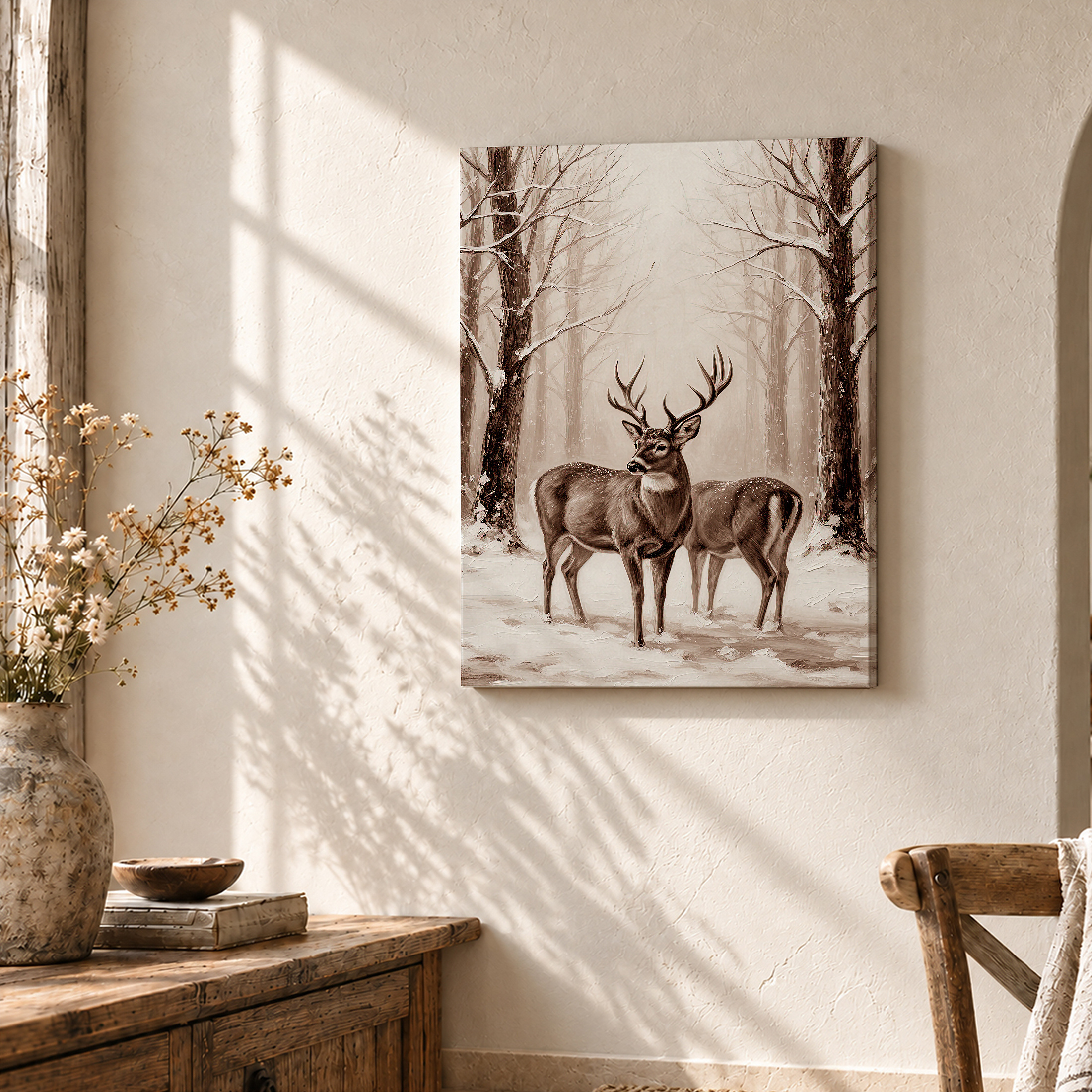 Snowy Forest Deer Framed Canvas Wall Art | Ready to Hang - Image 3