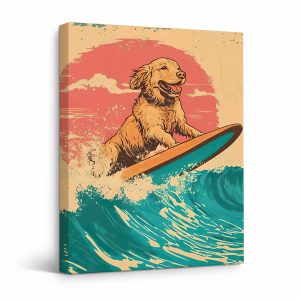 Vintage Surfing Dog Framed Canvas Wall Art - Retro Beach Decor