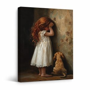 Framed Canvas Wall Art: Red-Haired Girl & Dog Nostalgic Painting