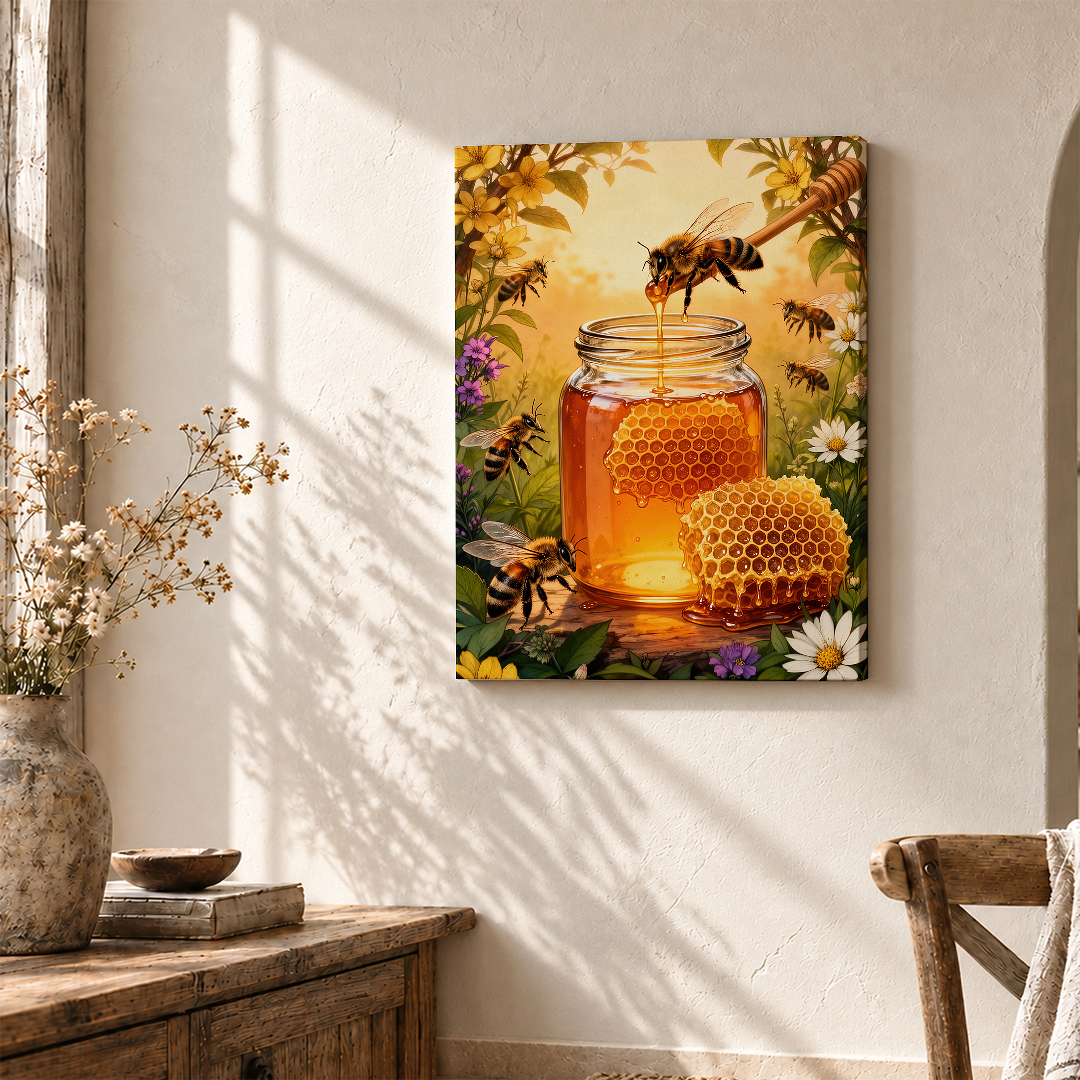 Honey Bee Garden Framed Canvas Wall Art - Warm Nature Art for Home Decor - Image 3