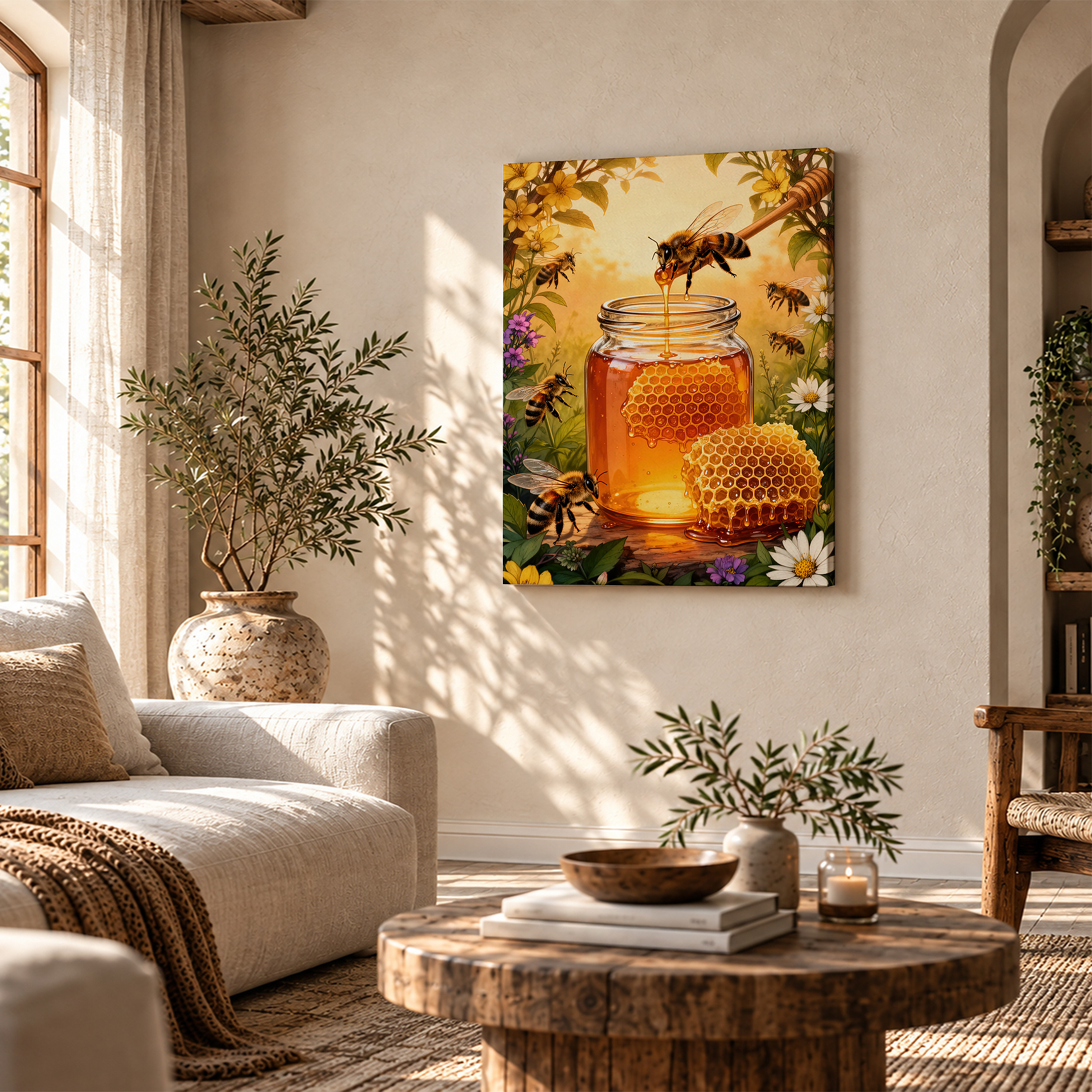 Honey Bee Garden Framed Canvas Wall Art - Warm Nature Art for Home Decor - Image 4
