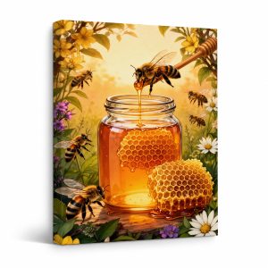 Honey Bee Garden Framed Canvas Wall Art - Warm Nature Art for Home Decor