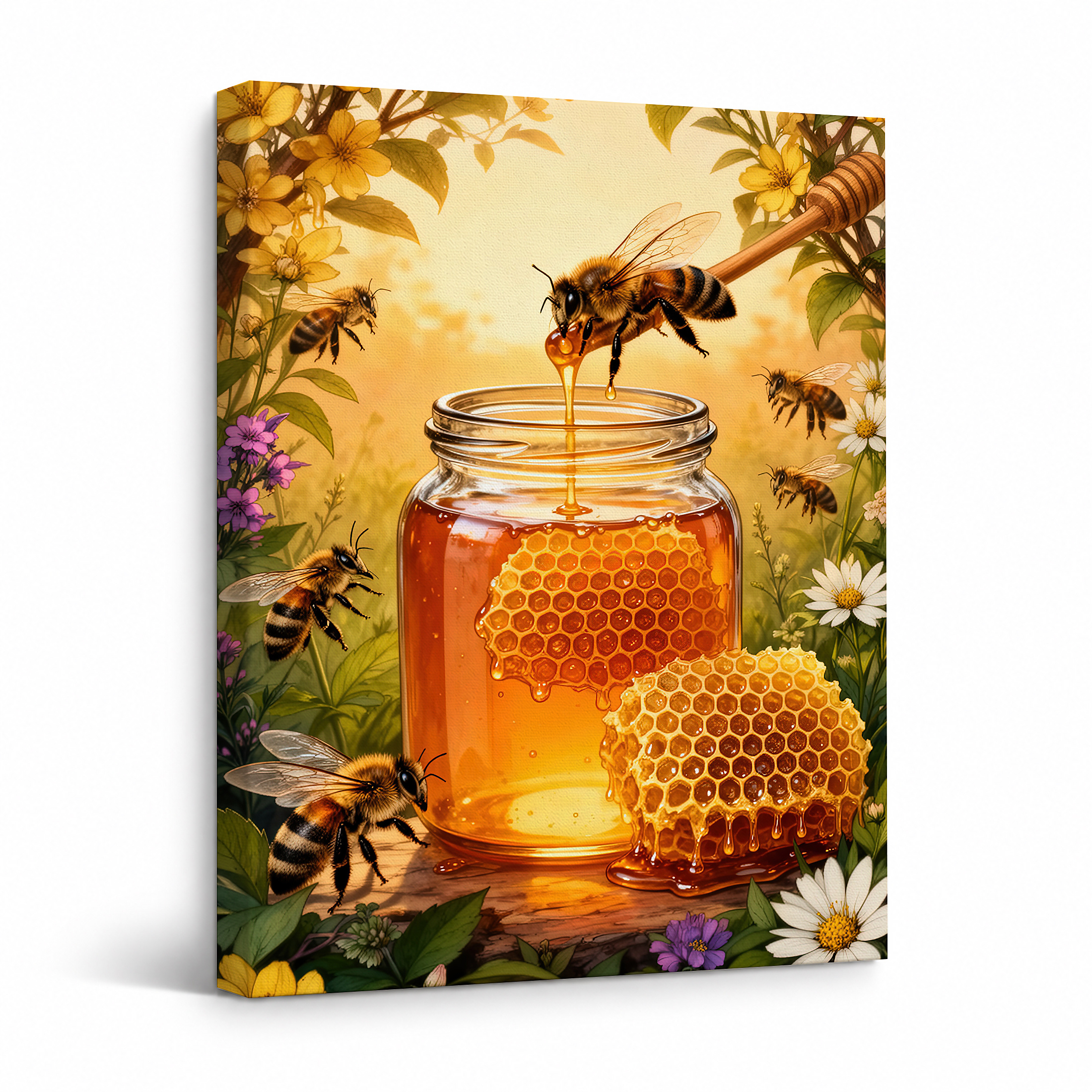 Honey Bee Garden Framed Canvas Wall Art - Warm Nature Art for Home Decor