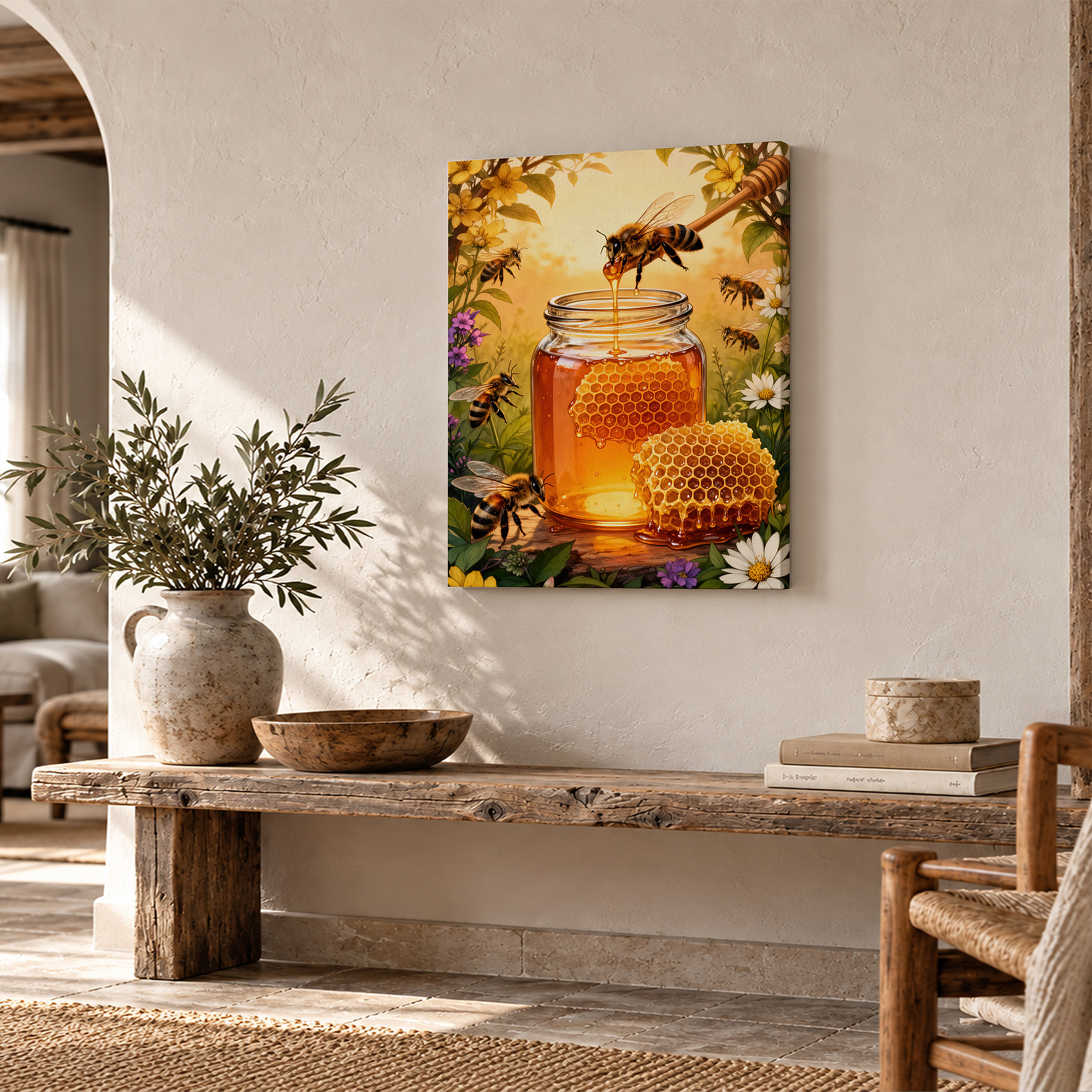 Honey Bee Garden Framed Canvas Wall Art - Warm Nature Art for Home Decor - Image 2