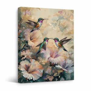Hummingbird Floral Garden Framed Canvas Wall Art - Ready to Hang