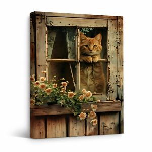 Rustic Window Cat Scene Framed Canvas Wall Art