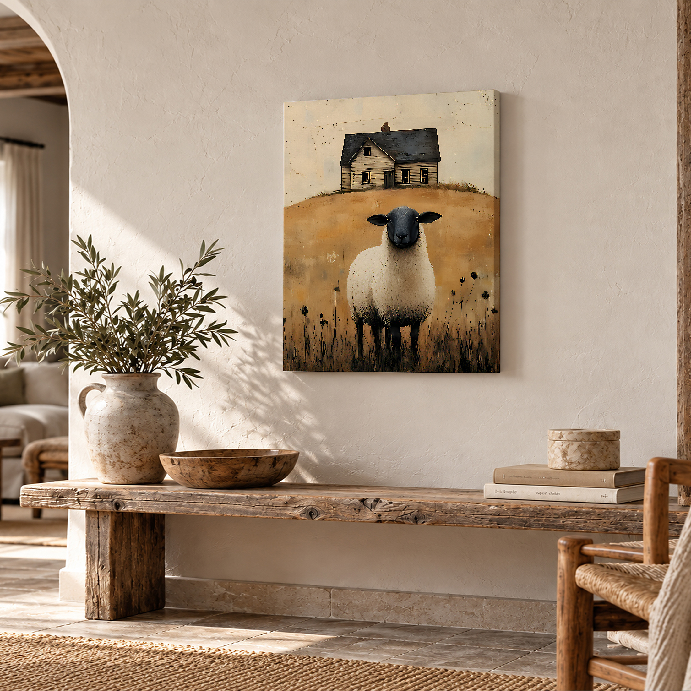 Sheep & Farmhouse Pastoral Framed Canvas Wall Art | Vintage Rustic Home Decor - Image 2