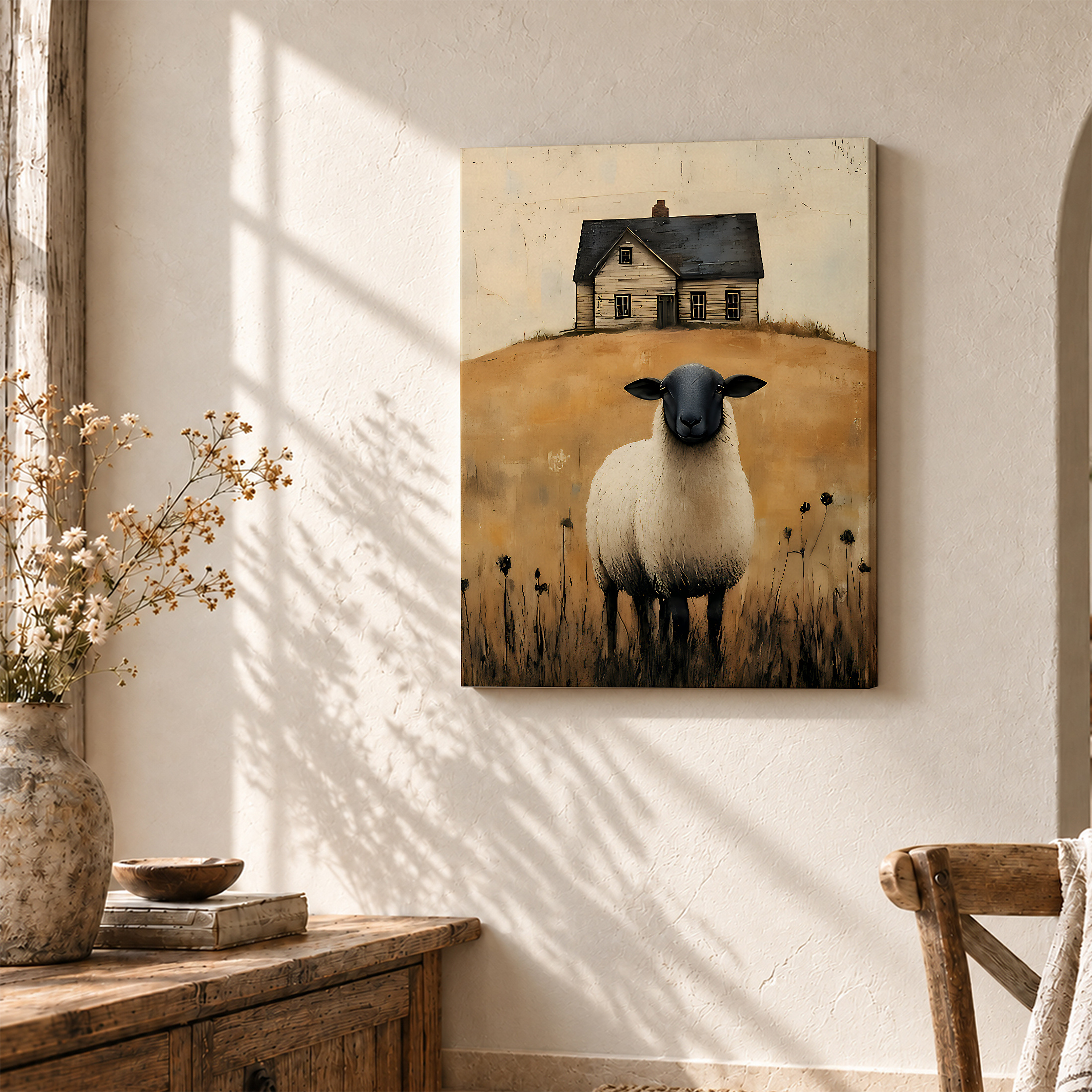 Sheep & Farmhouse Pastoral Framed Canvas Wall Art | Vintage Rustic Home Decor - Image 3