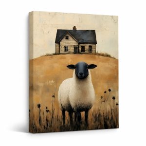 Sheep & Farmhouse Pastoral Framed Canvas Wall Art | Vintage Rustic Home Decor
