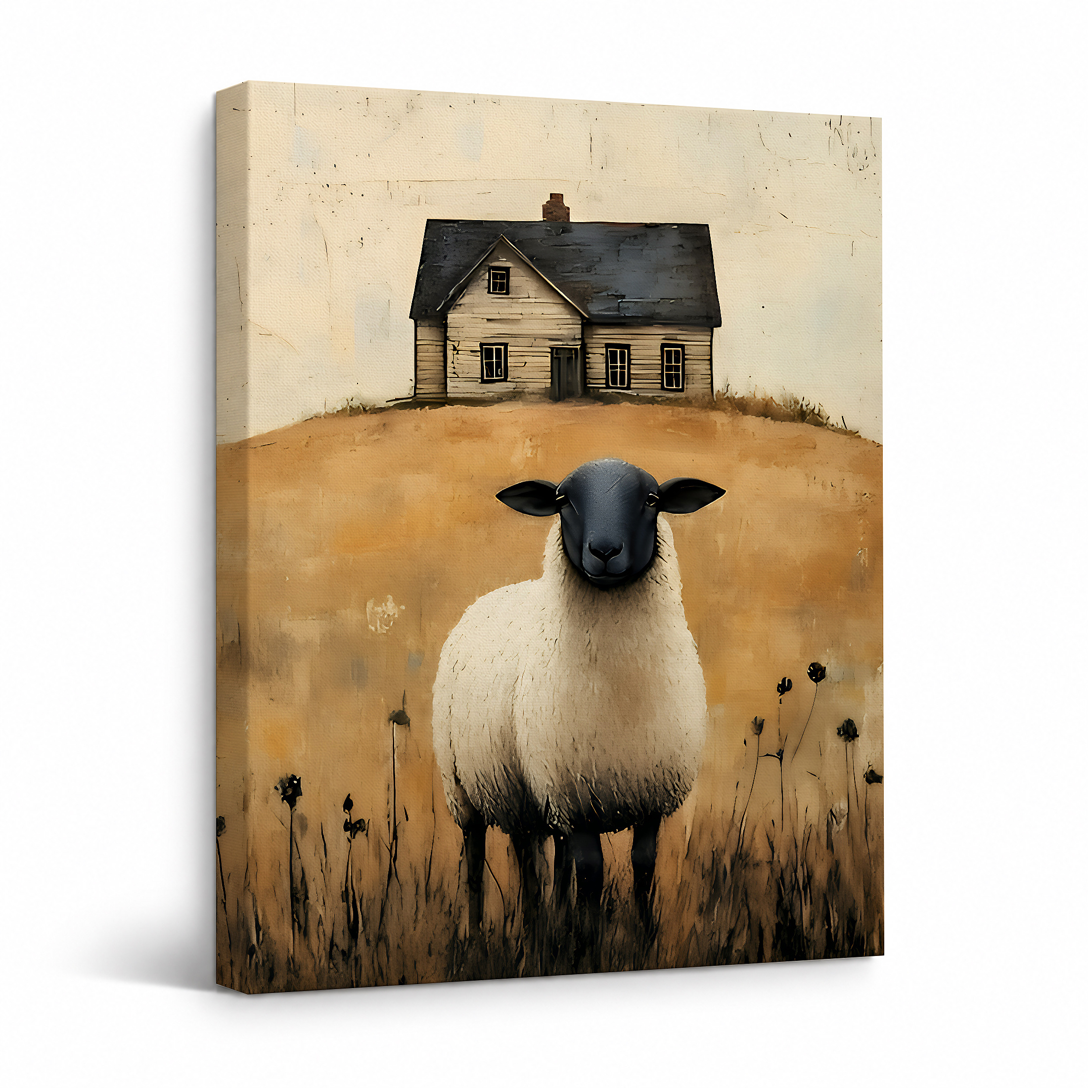 Sheep & Farmhouse Pastoral Framed Canvas Wall Art | Vintage Rustic Home Decor
