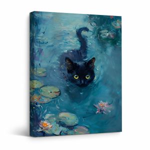 Black Cat Water Lily Pond Framed Canvas Wall Art - Ready to Hang