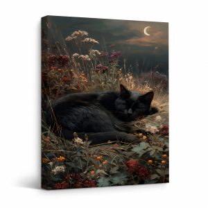 Moonlit Cat in Wildflowers Framed Canvas Wall Art