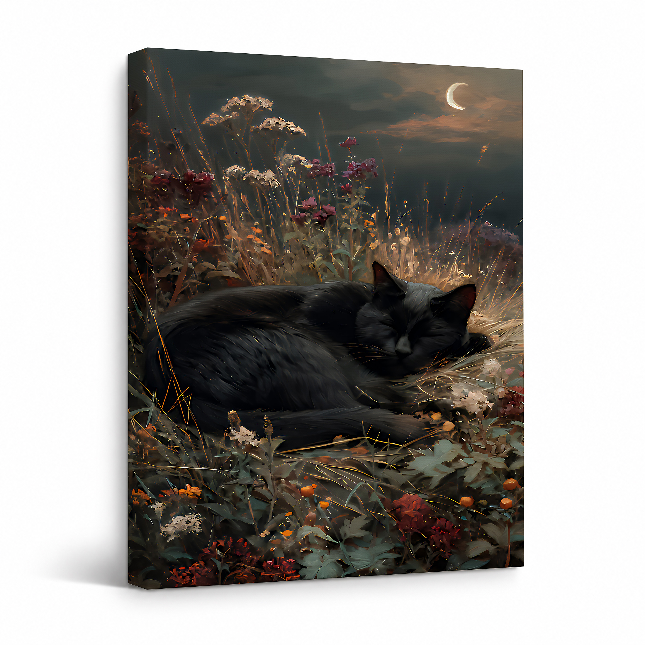 Moonlit Cat in Wildflowers Framed Canvas Wall Art