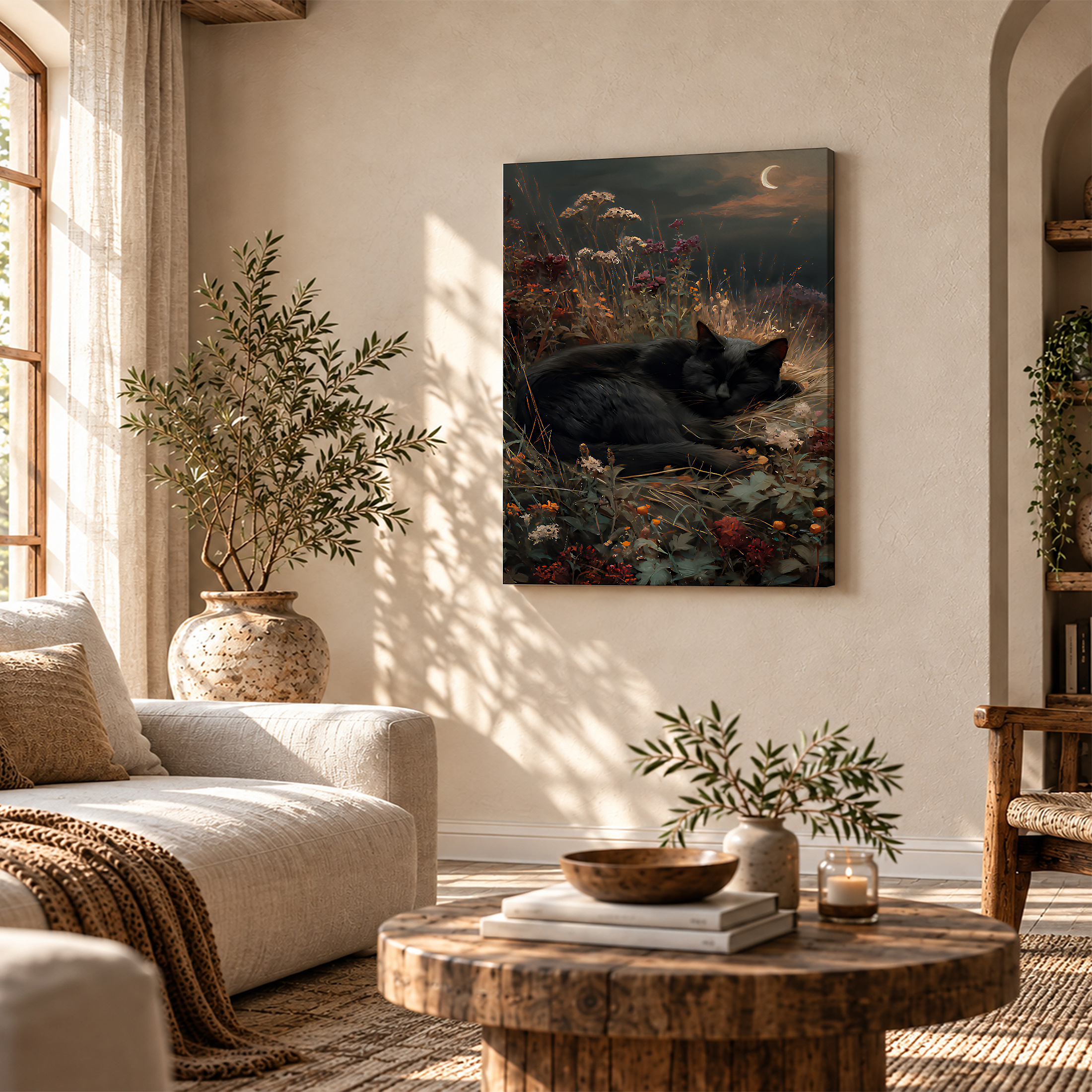 Moonlit Cat in Wildflowers Framed Canvas Wall Art - Image 4