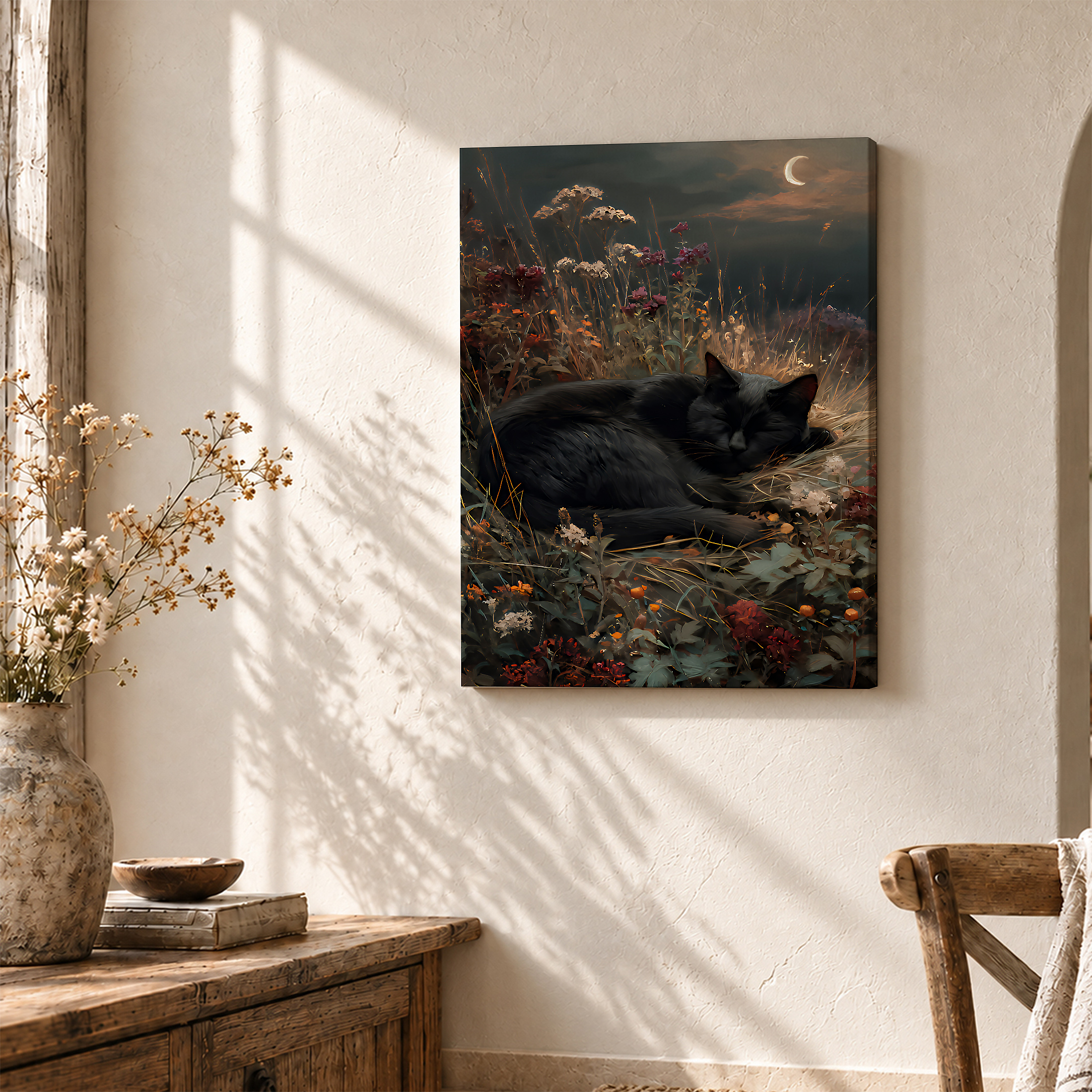 Moonlit Cat in Wildflowers Framed Canvas Wall Art - Image 3